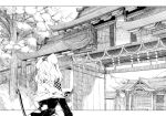  animal_ears building bust capelet dowsing_rod east_asian_architecture from_behind lantern monochrome mouse_ears nazrin nichi_doriimu paper_lantern shimenawa short_hair shrine solo touhou tree 