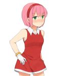  amy_rose blush bracelet cosplay costume dress gloves green_eyes hairband hand_on_hip hips jewelry minidress nose_blush personification pink_hair pout red_dress sega short_hair simple_background sleeveless solo sonic_the_hedgehog standing tsuzuya_(knt31) white_background white_gloves 