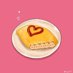  animal commentary_request food food_focus hamster heart in_food ketchup no_humans omelet omurice original pink_background plate simple_background upiupisyo 