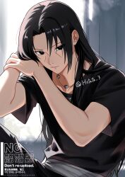 1boy black_eyes black_hair black_shirt blurry blurry_background commentary_request facial_mark fishnet_top fishnets hand_in_own_hair highres hotata_3 jewelry long_hair male_focus naruto_(series) naruto_shippuuden necklace parted_bangs parted_lips shirt short_sleeves sitting solo twintails uchiha_itachi 
