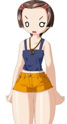  0_0 1girl 2000s_(style) blue_camisole breasts brown_hair camisole collarbone cowboy_shot game_cg hair_ornament hairclip jewelry kenki_fujioka large_variant_set lowres majo_no_ochakai necklace non-web_source official_art open_mouth parted_bangs short_hair short_shorts shorts simple_background small_breasts solo standing surprised tachi-e thighs transparent_background v-shaped_eyebrows variant_set yellow_shorts yuuhi_megumi_(majo_no_ochakai) 