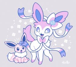  blue_eyes blush bright_pupils commentary eevee fangs grey_background heart highres lovewolf5122 no_humans pokemon pokemon_(creature) pokemon_focus signature simple_background sitting smile sparkle standing sylveon untranslatable_commentary white_pupils 
