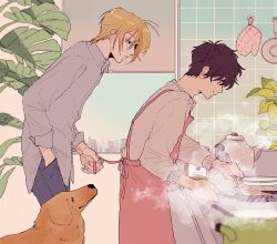  2boys a_co_pi animal apron ash_lynx banana_fish black_hair blonde_hair brown_eyes cityscape closed_mouth coffee_pot commentary_request cooking dog from_side frying_pan golden_retriever grey_shirt hand_in_pocket indoors kitchen long_sleeves male_focus multiple_boys okumura_eiji oven_mitts plant potted_plant red_apron shirt smile standing steam tile_wall tiles 