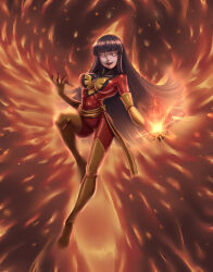  aura bird breasts corruption crossover dark_aura dark_persona dark_phoenix evil_smile fire gloves highres hyuuga_hinata leebigtree long_hair looking_at_viewer marvel naruto_(series) phoenix possessed smile superhero_costume very_long_hair x-men 