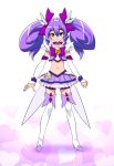  bike_shorts boots bow choker dress earrings hair_bow jewelry long_hair magical_girl midriff navel nekomamire original precure purple_dress purple_eyes purple_hair shorts_under_skirt skirt smile smile_precure! solo thigh-highs thigh_boots thighhighs tiara twintails violet_eyes white_background white_legwear 
