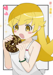  1girl absurdres bare_shoulders blonde_hair blush bracelet camisole doughnut eating fang food heart highres jewelry long_hair monogatari_(series) nemuzou889 nisemonogatari open_mouth oshino_shinobu simple_background sparkle white_camisole yellow_eyes 