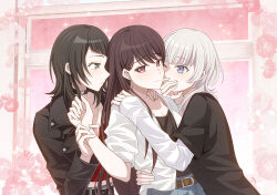  3girls artist_request bang_dream! bang_dream!_it's_mygo!!!!! belt black_choker black_hair black_jacket black_shirt blue_eyes blush brown_hair chinese_commentary choker closed_mouth commentary_request commission covering_another's_mouth earrings flower girl_sandwich hand_on_another's_shoulder hand_on_another's_waist highres holding_another's_wrist jacket jewelry kaname_raana long_hair looking_at_another multiple_girls necklace one_eye_closed pink_flower red_shirt sandwiched second-party_source shiina_taki shirt violet_eyes white_hair white_shirt window yahata_umiri yuri 