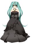  aqua_hair bare_shoulders dress earrings elbow_gloves gloves hatsune_miku highres ichinose_yukino jewelry long_hair red_eyes simple_background solo twintails very_long_hair vocaloid white_background 