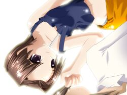  1boy 1girl 2000s_(style) :3 backlighting blue_camisole breasts camisole closed_mouth collarbone collared_shirt curtained_hair dutch_angle faceless faceless_male from_above game_cg kenki_fujioka long_sleeves lying majo_no_ochakai navel non-web_source official_art on_back parted_bangs shirt shorts simple_background small_breasts smile upper_body upside-down violet_eyes white_background white_shirt yellow_shorts yuuhi_megumi_(majo_no_ochakai) 