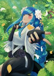  1girl absurdres artist_request beckoning black_flower black_gloves blue_hair braid braided_ponytail closed_mouth dizzy_(guilty_gear) elbow_gloves falling_petals fingerless_gloves floating_hair flower gloves guilty_gear guilty_gear_strive hair_flower hair_ornament highres long_hair long_sidelocks looking_at_viewer mature_female offering_hand open_hand outdoors outstretched_hand parted_bangs petals queen_dizzy reaching reaching_towards_viewer red_eyes sidelocks single_braid sitting smile solo swept_bangs very_long_hair white_flower white_petals 
