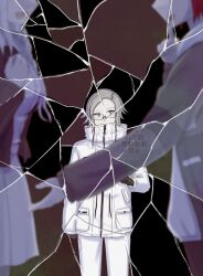  1girl 2boys aotsuki_eito black_gloves black_jacket blurry blurry_foreground braid broken_glass commentary_request eyes_out_of_frame glass glasses gloves grey_hair grey_jacket head_out_of_frame hood hoodie jacket jacket_over_hoodie kirifuji_nozomi long_hair matsu_shimatsuki multiple_boys open_clothes open_jacket outstretched_arm pants pocket pointing pointing_up red_hair shirt short_hair skirt smile sumino_takumi the_hundred_line_-last_defense_academy- violet_eyes watermark white_hoodie white_jacket white_pants white_shirt white_skirt 