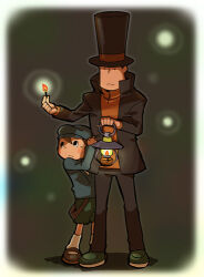  2boys blue_sweater border brown_hair commentary_request green_shorts hat hershel_layton holding holding_lantern holding_matchstick homa_kura lantern lowres luke_triton male_focus multiple_boys newsboy_cap orange_sweater professor_layton short_hair shorts sweater top_hat white_border 