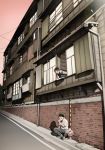  1girl bag balcony black_hair blue_shoes brick brown_hair building can drinking hongoukan long_hair open_mouth original phone real_world_location road scenery short_hair sidewalk smile squatting string_phone takada_katsura talking tokyo_(city) 