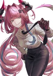  1girl absurdres alternate_costume arknights arknights:_endfield black_gloves black_necktie black_pants blue_eyes blue_hair bonjindaaa closed_mouth collared_shirt commentary_request dragon_girl dragon_horns gloves highres horns long_hair multicolored_hair necktie pants pink_hair pointy_ears shirt simple_background smile solo streaked_hair white_background white_shirt yvonne_(arknights) 