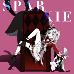  1girl absurdres animal_ears bare_legs black_boots black_choker black_gloves black_hat black_sleeves boots braid braided_sidelock breasts chinese_commentary choker clothing_cutout club_(shape) commentary_request diamond_(shape) diamond_on_cheek english_text facial_mark frilled_skirt frilled_sleeves frills gloves grey_hair hand_on_own_face hat hat_ornament heart heart_facial_mark heart_on_cheek highres honkai:_star_rail honkai_(series) leg_up long_hair long_sleeves looking_at_viewer lying mark_under_both_eyes mini_hat mini_top_hat multicolored_hair open_mouth piaofushengwu pink_background pink_eyes plaid_clothes plaid_sleeves rabbit_ear_headwear rabbit_ears rabbit_hat_ornament red_eyes red_hair red_sleeves shoulder_cutout simple_background single_glove sitting skirt smile solo sparkle_(honkai:_star_rail) sparxie_(honkai:_star_rail) supplicant_mask thigh_strap throne top_hat twintails very_long_hair white_hair white_skirt wide_sleeves 