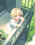  balcony blonde_hair dress foreshortening grey_eyes leaning looking_at_viewer lowres original outdoors plant scenery solo standing weno weno&#039;s_blonde_original_character weno's_blonde_original_character 
