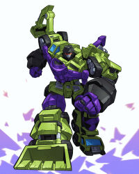  1boy absurdres adversarial_noise bulldozer caterpillar_tracks clenched_hands closed_mouth commentary_request crack cracked_glass crane_(machine) devastator_(transformers) excavator glass_shards highres hook joints mecha no_humans onion_maru opaque_sunglasses piston robot robot_joints science_fiction solo sunglasses transformers transformers:_armada transformers_unicron_trilogy walking_towards_viewer wheel white_background 