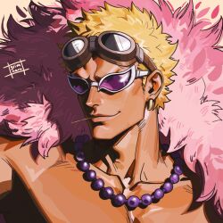  1boy aged_down bead_necklace beads blonde_hair coat commentary donquixote_doflamingo earrings english_commentary goggles goggles_on_head grimnaru jewelry male_focus mouth_hold necklace one_piece pink_coat portrait purple-tinted_eyewear short_hair smirk stalk_in_mouth sunglasses tinted_eyewear topless_male 