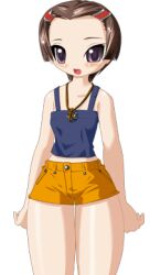  1girl 2000s_(style) blue_camisole blush breasts brown_hair camisole collarbone cowboy_shot embarrassed game_cg hair_ornament hairclip jewelry kenki_fujioka large_variant_set looking_at_viewer lowres majo_no_ochakai necklace non-web_source official_art open_mouth parted_bangs short_hair short_shorts shorts simple_background small_breasts solo standing tachi-e thighs transparent_background tsurime variant_set violet_eyes yellow_shorts yuuhi_megumi_(majo_no_ochakai) 