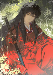  1boy absurdres alternate_form bead_necklace beads black_eyes black_hair bush chinese_commentary closed_mouth commentary_request dappled_sunlight hair_between_eyes hakama highres inuyasha inuyasha_(character) japanese_clothes jewelry katana kimono leaf long_hair looking_at_viewer male_focus necklace plant ribbon-trimmed_sleeves ribbon_trim sheath sheathed sidelocks sitting solo sunlight sword tooth_necklace watermark weapon yinglingshang 
