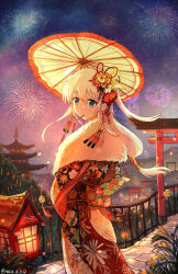  1girl aerial_fireworks alternate_costume alternate_hairstyle architecture artist_name backlighting blue_eyes charlotte_(anime) cherry_blossom_print chinese_commentary closed_mouth commentary_request crescent crescent_earrings dated earrings east_asian_architecture feet_out_of_frame festival fireworks floating_hair floral_print floral_print_kimono flower food food_in_mouth from_behind fur-trimmed_kimono fur_trim fushimi_inari_taisha hair_flower hair_ornament highres japanese_clothes jewelry kanzashi kimono kyoto light_blush long_hair looking_at_viewer looking_back low-tied_long_hair mountainous_horizon night official_alternate_hairstyle oil-paper_umbrella orange_flower outdoors pagoda pocky pocky_in_mouth print_kimono railing road sidelocks sky solo standing tomori_nao torii two_side_up umbrella user_xnpm5345 very_long_hair white_hair wing_hair_ornament yukata 
