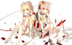  2girls absurdres amazon_(azur_lane) amazon_(little_orchestra)_(azur_lane) azur_lane blonde_hair blue_eyes card cloak crown fur_cloak highres hinaname long_hair multiple_girls red_eyes sitting smile thigh-highs twintails valiant_(azur_lane) white_hair white_thighhighs 