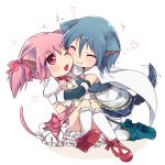  animal_ears blue_hair blush bow cape cat_ears cat_tail cheek_press cheek_rub closed_eyes detached_sleeves dog_ears dog_tail dress eyes_closed fang gloves hair_bow heart hug kaname_madoka kemonomimi_mode kneeling magical_girl mahou_shoujo_madoka_magica miki_sayaka multiple_girls open_mouth pink_dress pink_eyes pink_hair runamatu short_hair sitting smile tail tail_wagging twintails white_gloves wink yuri 