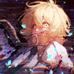  1girl black_necktie blonde_hair breasts cape chain chained collar commentary_request don_quixote_(project_moon) gold_collar highres index_(identity)_(project_moon) limbus_company looking_at_viewer necktie project_moon shirt short_hair solo white_cape white_shirt yellow_eyes yuemiao 