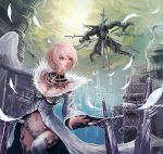  blue_eyes breasts cherokee_(pixiv) cleavage cloud clouds feathers highres navel pink_hair pixiv_fantasia pixiv_fantasia_5 short_hair sky sword weapon 