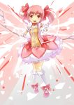  1girl absurdres bow bubble_skirt choker dress gloves hair_bow hairband highres kaname_madoka looking_at_viewer mahou_shoujo_madoka_magica mushiboy open_mouth outstretched_hand pink_eyes pink_hair puffy_sleeves ribbon short_twintails solo twintails white_gloves white_legwear 