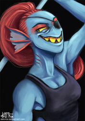  1girl 2015 2d anthro arm_up artist_name black_background black_eyepatch black_tank_top blue_skin breasts cleavage colored_sclera colored_skin colored_teeth commentary deviantart_username digital_media ear_fins english_commentary eyepatch female female_only fins fish fish_girl gills head_fins high_ponytail holding holding_polearm holding_spear holding_weapon kam-fox long_hair monster monster_girl polearm ponytail red_hair sharp_teeth sideways_glance signature simple_background slit_pupils solo spear tank_top teeth undertale undyne upper_body utdr_(toby_fox) weapon yellow_sclera yellow_teeth 