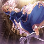  armor ass blonde_hair blush boots bow breasts colorful314 dress fate/stay_night fate_(series) green_eyes hair_bow high_heels highres looking_at_viewer looking_back saber shoes solo sword weapon 