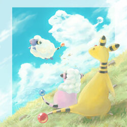  absurdres ampharos animal_focus blue_sky closed_eyes clouds commentary_request evolutionary_line flaaffy forehead_jewel fuju1012 grass highres mareep no_humans open_mouth outdoors pokemon pokemon_(creature) pokemon_focus shaped_cloud sky smile tail wool 
