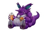  cup fangs food hamburger horns monster nidoking no_humans nura_(oaaaaaa) pokemon red_eyes simple_background sitting solo straw sweatdrop white_background 