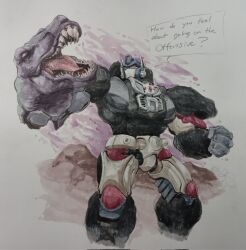  1boy arm_cannon armor beast_wars beast_wars:_transformers black_armor blue_helmet clenched_hand feet_out_of_frame full_body helmet highres how_do_you_feel_about_going_on_the_offensive?_(transformers) male_focus maximal mecha megatron_(beast_wars) multiple_heads optimus_primal outdoors red_eyes robot scene_reference sharp_teeth shay_gall solo speech_bubble standing teeth transformers transformers_(skybound) tyrannosaurus_rex weapon 