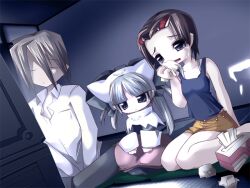  1boy 2000s_(style) 2girls blue_camisole blunt_bangs breasts brown_hair camisole capelet closed_eyes collarbone collared_shirt crying cushion dress game_cg grey_dress grey_eyes grey_hair grey_hat hair_between_eyes hair_ornament hairclip half-closed_eyes hat holding holding_tissue indoors kenki_fujioka long_hair long_sleeves magical_girl majo_no_ochakai multiple_girls night non-web_source official_art open_mouth parted_bangs ponika_(majo_no_ochakai) raised_inner_eyebrows shirt short_hair shorts side-by-side sitting sleeves_rolled_up small_breasts tearing_up tears television tissue tissue_box twintails used_tissue violet_eyes wariza watching_television wavy_mouth white_capelet white_shirt wiping yellow_shorts yuuhi_megumi_(majo_no_ochakai) zabuton 