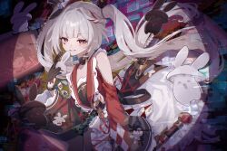  1girl black_gloves black_hat braid clothing_cutout commentary diamond_(shape) diamond_facial_mark facial_mark gloves hand_up hat heart heart_facial_mark highres honkai:_star_rail honkai_(series) long_hair long_sleeves looking_at_viewer mark_under_both_eyes mini_hat mini_top_hat multicolored_hair parted_lips red_hair shoulder_cutout skirt smile sparkle_(honkai:_star_rail) sparxie_(honkai:_star_rail) streaked_hair suwa_(swk_kkk) top_hat twintails untranslatable_commentary very_long_hair white_hair white_skirt 