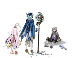  1boy 2girls ahoge aino_(genshin_impact) android arm_support black_pants blue_cape blue_hair blue_hat cape chest_harness circular_saw coat commentary_request crack cracked_floor double_bun earrings facing_away fractured_halo_(genshin_impact) from_behind fur-trimmed_coat fur-trimmed_sleeves fur_trim genshin_impact grey_coat grey_hair hair_bun harness hat headgear holding holding_polearm holding_weapon huge_ahoge illuga_(genshin_impact) ineffa_(genshin_impact) jewelry knee_pads lab_coat lantern leg_warmers long_hair long_sleeves loose_socks mismatched_socks multicolored_hair multiple_girls open_clothes open_coat pants parted_bangs pink_hair pink_socks polearm purple_sash red_hair ribbed_sweater robot_girl sash saw screw_hair_ornament short_hair simple_background single_earring sitting socks standing sweater thigh_strap turtleneck turtleneck_sweater two-tone_hair very_long_hair vision_(genshin_impact) weapon white_background white_coat white_leg_warmers white_socks white_sweater yuyu_(spika) 