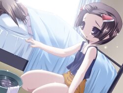 1boy 1girl 2000s_(style) backlighting bed_sheet bedroom blue_camisole breasts brown_hair camisole collarbone curtains day dutch_angle faceless faceless_male game_cg hair_ornament hairclip indoors kenki_fujioka lying majo_no_ochakai non-web_source official_art on_back on_bed parted_bangs parted_lips pillow raised_inner_eyebrows seiza short_hair short_shorts shorts sitting small_breasts towel under_covers violet_eyes washbowl water yellow_shorts yuuhi_megumi_(majo_no_ochakai) 