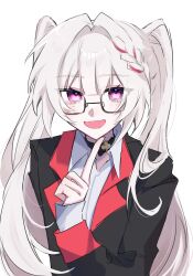  1girl absurdres black_choker blazer choker collared_shirt commentary_request diamond_(shape) diamond_facial_mark diamond_on_cheek facial_mark finger_to_own_chin glasses hand_up heart highres honkai:_star_rail honkai_(series) index_finger_raised jacket long_hair long_sleeves looking_at_viewer open_mouth osakana_shira semi-rimless_eyewear shirt simple_background smile solo sparkle_(honkai:_star_rail) sparxie_(honkai:_star_rail) twintails under-rim_eyewear white_background white_hair 