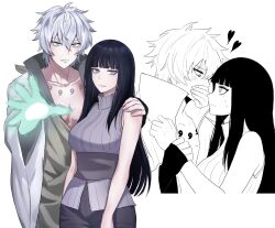  1boy 1girl alternate_costume annoyed arm_up bare_shoulders blunt_bangs blush chest_tattoo clenched_teeth closed_mouth collarbone couple covering_another's_mouth curly_hair from_side glowing grabbing_another's_arm hair_between_eyes hand_on_another's_shoulder heart hetero high_collar highres holding_another's_wrist hyuuga_hinata japanese_clothes jukyhyu korean_commentary leaning_on_person leaning_to_the_side long_hair long_sleeves looking_at_another looking_at_viewer looking_down looking_up mitsudomoe_(shape) monochrome_background naruto:_the_last naruto_(series) no_pupils ootsutsuki_toneri pectoral_cleavage pectorals pink_lips powering_up purple_hair pushing_away reaching reaching_towards_viewer shade sleeveless standing straight_hair tattoo teeth tomoe_(symbol) upper_body violet_eyes white_background white_hair wide_sleeves 