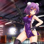  assault_rifle bare_shoulders black_gloves black_legwear bottomless china_dress chinese_clothes contemporary double_bun gloves gun hk416 ibaraki_kasen mound_of_venus no_panties open_mouth purple_eyes purple_hair rifle shell_casing short_hair smoke smoking_gun solo sumapan tabard thighhighs touhou vertical_foregrip violet_eyes weapon 