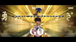  2boys brown_hair copyright_logo furry furry_male gloves green_eyes letterboxed logo male_focus multiple_boys open_mouth red_eyes sega shirt sonic_(series) sonic_and_the_blade_of_courage sonic_the_hedgehog sonikkusupin star_(symbol) white_gloves white_shirt yuuta_(sonic) 