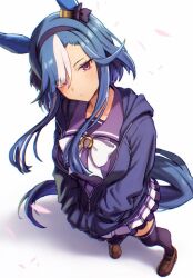  1girl admire_groove_(umamusume) animal_ears blue_hair blue_jacket blue_tail blush bow bowtie breasts brown_shoes closed_mouth commentary_request foreshortening hands_in_pockets horse_ears horse_girl horse_tail horseshoe_ornament jacket large_breasts loafers looking_at_viewer multicolored_hair purple_sailor_collar purple_skirt purple_thighhighs sailor_collar sailor_shirt school_uniform shirt shoes short_hair short_hair_with_long_locks sidelocks simple_background skirt solo standing starheart streaked_hair tail thigh-highs tracen_school_uniform umamusume violet_eyes white_background white_bow white_bowtie white_streaks 