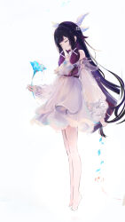  1girl artist_name bare_shoulders barefoot black_hair blue_flower blue_gem cat23 chinese_commentary closed_eyes closed_mouth columbina_(genshin_impact) commentary_request dress flower from_side full_body gem genshin_impact hair_ornament highres holding holding_flower long_hair long_sidelocks long_sleeves multicolored_hair purple_hair sidelocks simple_background solo standing tiptoes very_long_hair white_background white_dress wing_hair_ornament 