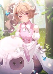 1girl absurdres animal_ears ardelia_(arknights) arknights arknights:_endfield bare_shoulders bow bowtie brown_hair bug butterfly commentary_request curled_horns detached_sleeves dress drill_hair drill_ponytail elanore eyjafjalla_(arknights) fingerless_gloves forest gloves highres horns juliet_sleeves long_hair long_sleeves looking_at_viewer nature outdoors puffy_sleeves purple_dress sheep sheep_ears sheep_girl sheep_horns sleeveless sleeveless_dress smile solo tree twitter_username upper_body violet_eyes white_bow white_bowtie white_gloves white_sleeves 
