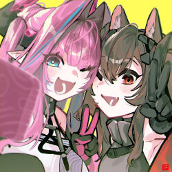  2girls absurdres angelina_(arknights) animal_ears arknights arknights:_endfield bare_shoulders black_gloves blue_eyes brown_hair commentary dragon_girl dragon_horns drill_hair fox_ears fox_girl gilberta_(arknights) gloves hair_intakes highres horns long_hair looking_at_viewer multicolored_gloves multicolored_hair multiple_girls one_eye_closed open_mouth orange_eyes pink_hair pointy_ears portrait shima_(wideshi_ma) streaked_hair twin_drills twintails two-tone_gloves v yvonne_(arknights) 