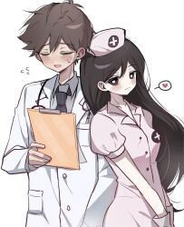  1boy 1girl alternate_costume black_necktie blush breasts brown_hair clipboard closed_eyes closed_mouth collarbone collared_shirt commentary dark-skinned_male dark_skin doctor double-parted_bangs english_commentary flying_sweatdrops gloves grey_shirt hair_between_eyes hat heart hero_(faraway)_(omori) hero_(omori) highres lab_coat long_hair long_sleeves mari_(faraway)_(omori) mari_(omori) necktie nurse nurse_cap omori open_mouth shirt short_sleeves simple_background small_breasts smile speech_bubble spoken_heart stethoscope_around_neck sweatdrop white_background wktdms1 
