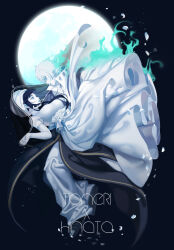  1boy 1girl alternate_color alternate_costume bare_shoulders black_background blunt_bangs bridal_veil carrying character_name closed_mouth couple curly_hair dress earrings elbow_gloves english_text fire from_side full_body full_moon gloves green_eyes green_lips green_moon hair_between_eyes hetero high_collar highres hyuuga_hinata japanese_clothes jewelry leaning_forward light_particles long_sleeves looking_at_another looking_down looking_up moon naruto:_the_last naruto_(series) noeunjung93 ootsutsuki_toneri pale_skin princess_carry purple_hair robe second-party_source sleeveless straight_hair veil violet_eyes wedding wedding_dress white_dress white_gloves white_hair white_robe 