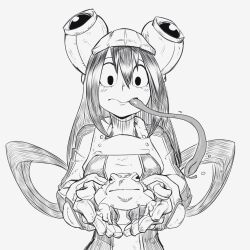  1girl alyerve animal asui_tsuyu boku_no_hero_academia breasts commentary gloves greyscale hair_rings hatching_(texture) highres holding holding_animal long_hair long_tongue low-tied_hair_ring low-tied_long_hair medium_breasts monochrome solo superhero_costume toad_(animal) tongue tongue_out very_long_tongue 